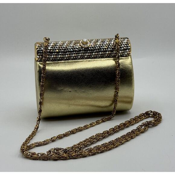 PARISIAN SIGNATURE Handbags - Evening Gold Leather Faux Leather Structured Rhinestone Shoulder Bag Chain Small